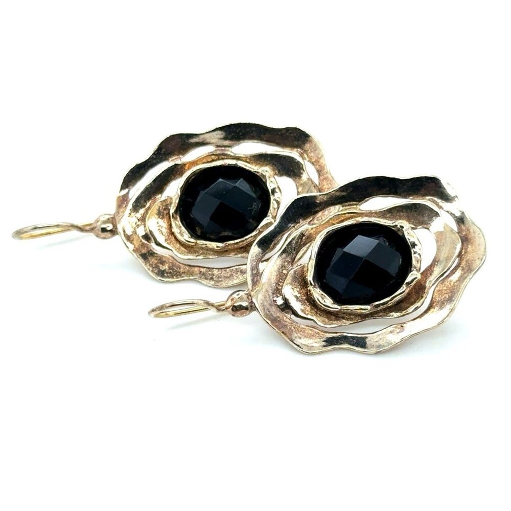 Large 925 Silver‎ Onyx Flower Earrings
